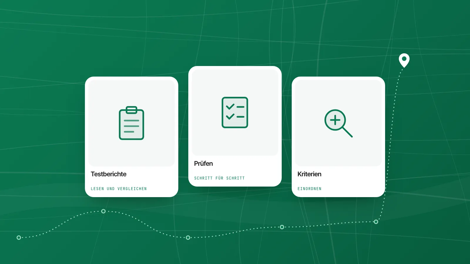 Grafik mit Symbolkacheln: Testberichte, Prüfen und Kriterien