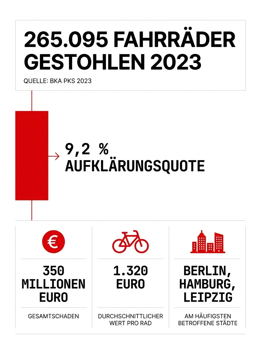 Infografik: 265.095 Fahrräder in Deutschland 2023 gestohlen, 9,2 % Aufklärungsquote, 350 Millionen Euro Gesamtschaden, durchschnittlicher Wert pro Rad 1.320 Euro, am häufigsten in Berlin, Hamburg und Leipzig