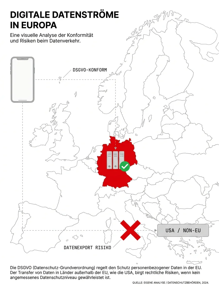 Europa-Karte: Smartphone verbindet sich mit einem Server in Deutschland (DSGVO-konform), ein Datenexport in die USA bzw. außerhalb der EU ist durchgestrichen (Datenexport-Risiko)
