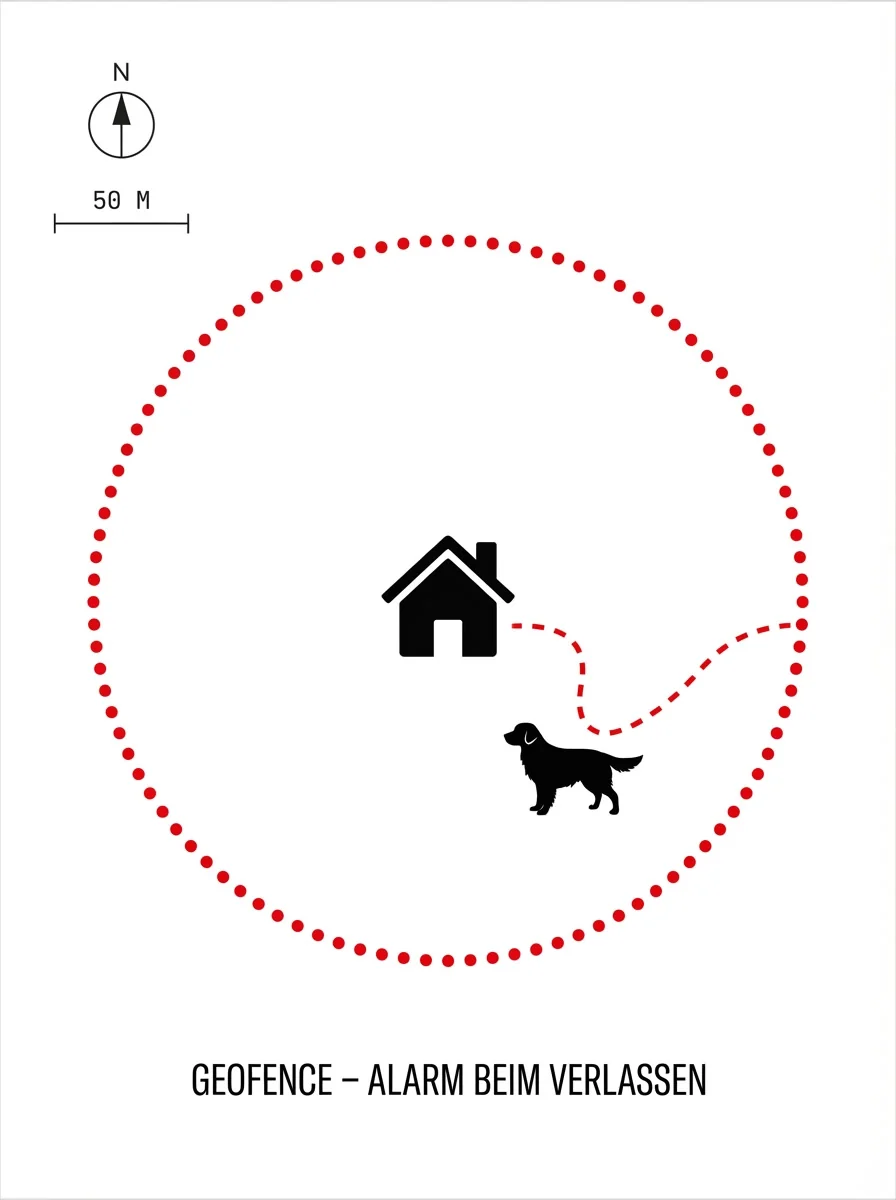 Ein virtueller Geofence als gepunkteter Kreis um ein Haus, innerhalb des Kreises ein Hund mit seiner Route. Darüber der Hinweis Geofence – Alarm beim Verlassen