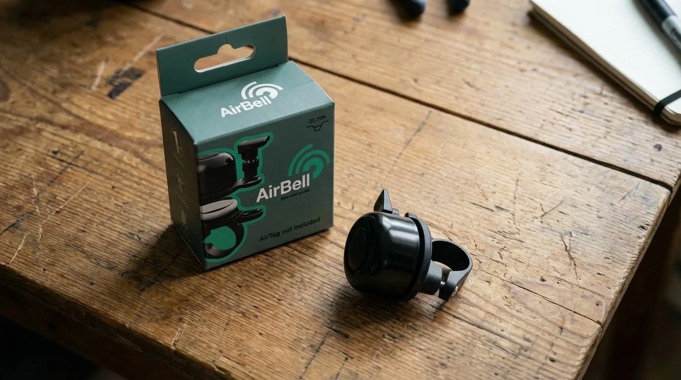 AIRBELL Fahrradklingel mit grüner Verpackung — schwarze Klingel mit 35-mm-Lenkerhalterung auf Holztisch; AirTag nicht enthalten