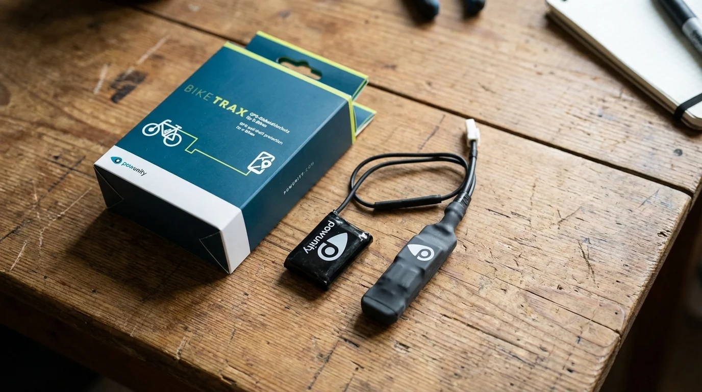 BikeTrax (PowUnity) GPS-Tracker mit Y-Kabel und Verpackung auf Holztisch