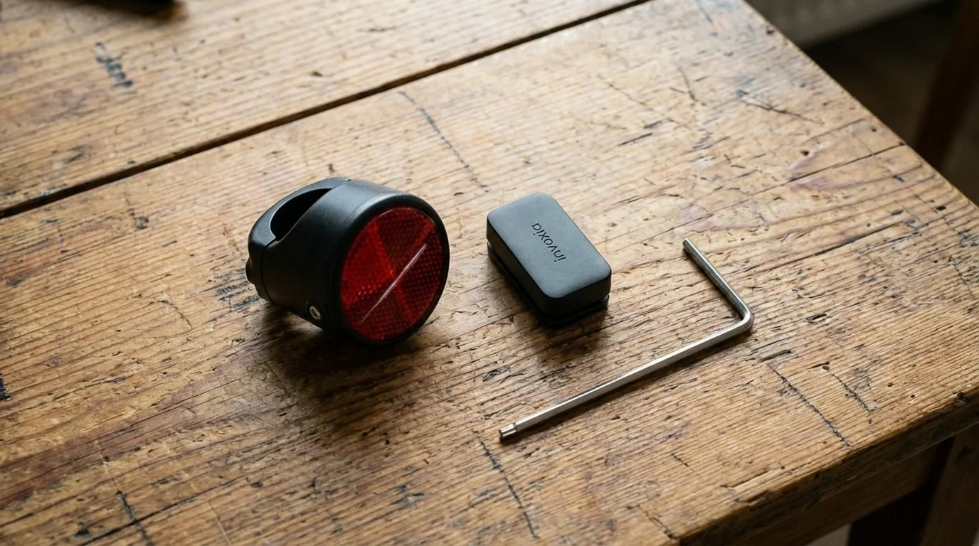 Invoxia Bike Tracker als roter Fahrradreflektor getarnt, daneben Ersatz-Tracker und Innensechskantschlüssel auf Holztisch