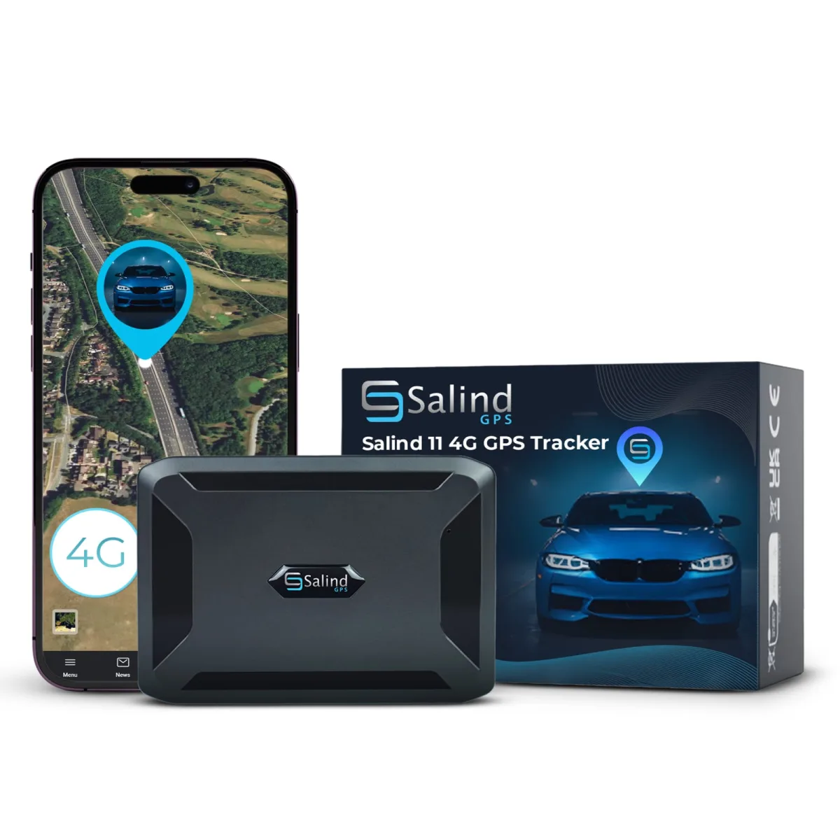 Salind 11 4G mit Smartphone-App und Verpackung (Herstellerbild Salind GPS)