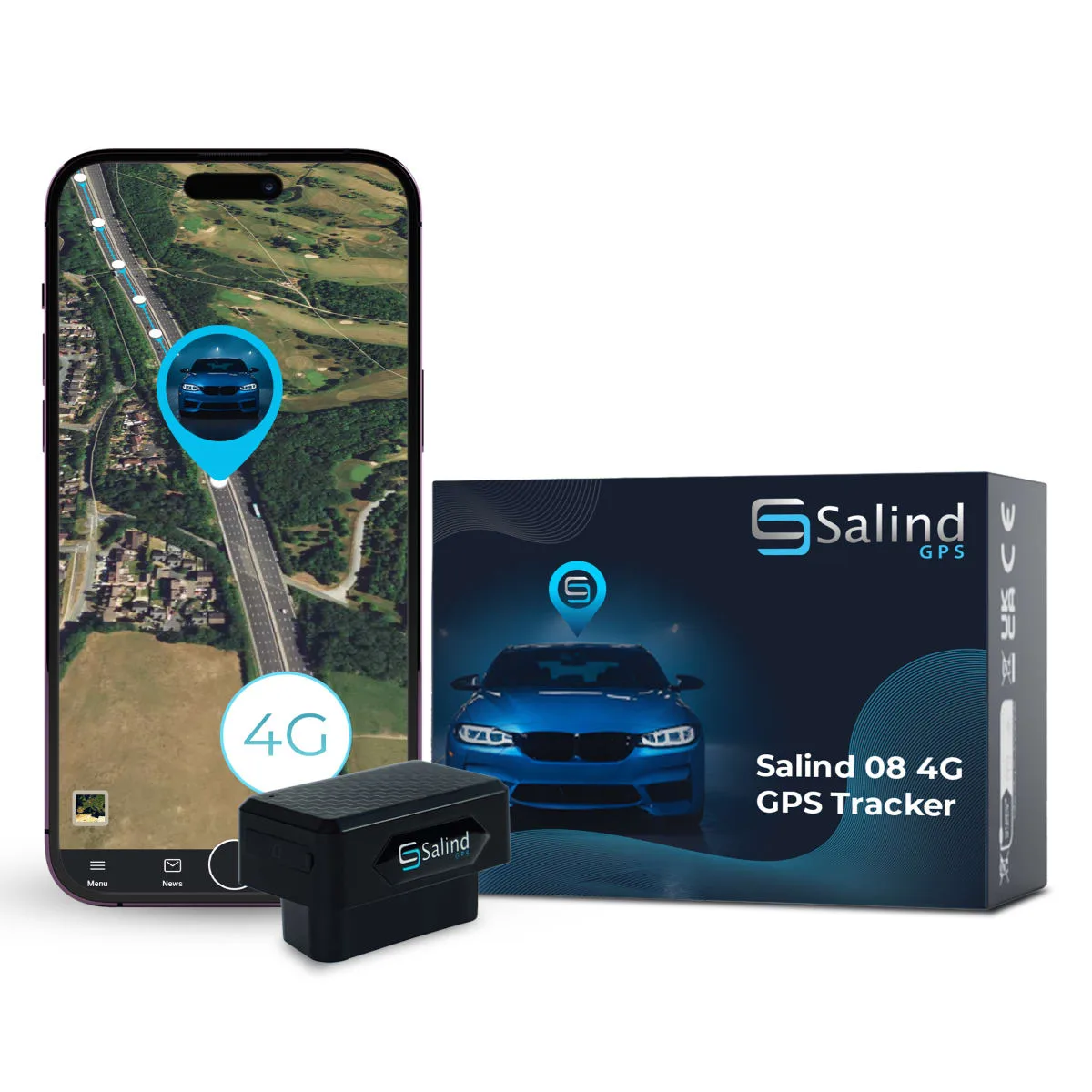 Salind 08 4G OBD-Tracker mit Smartphone-App und Verpackung (Herstellerbild Salind GPS)