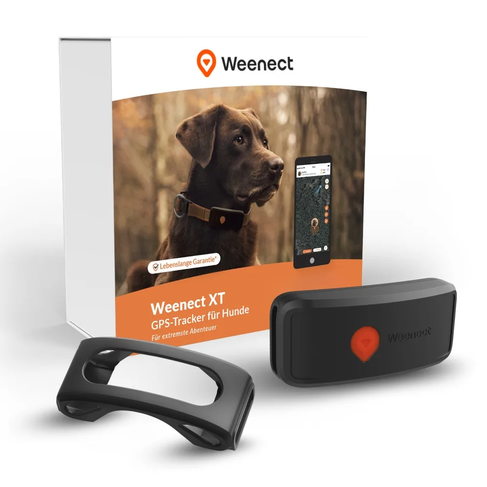 Weenect XT mit Silikonhalterung und Verpackung (Herstellerbild Weenect)