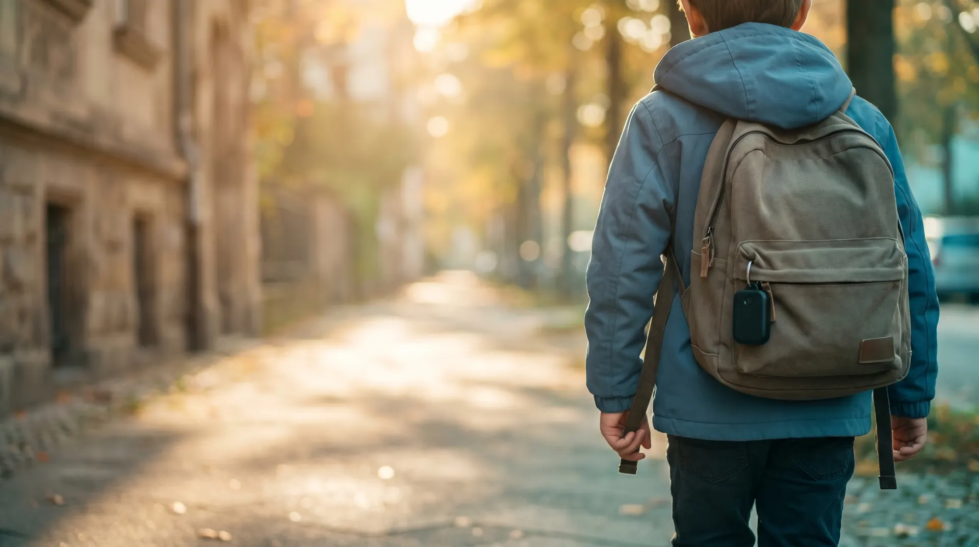 Kind mit Rucksack geht allein eine sonnige Straße entlang