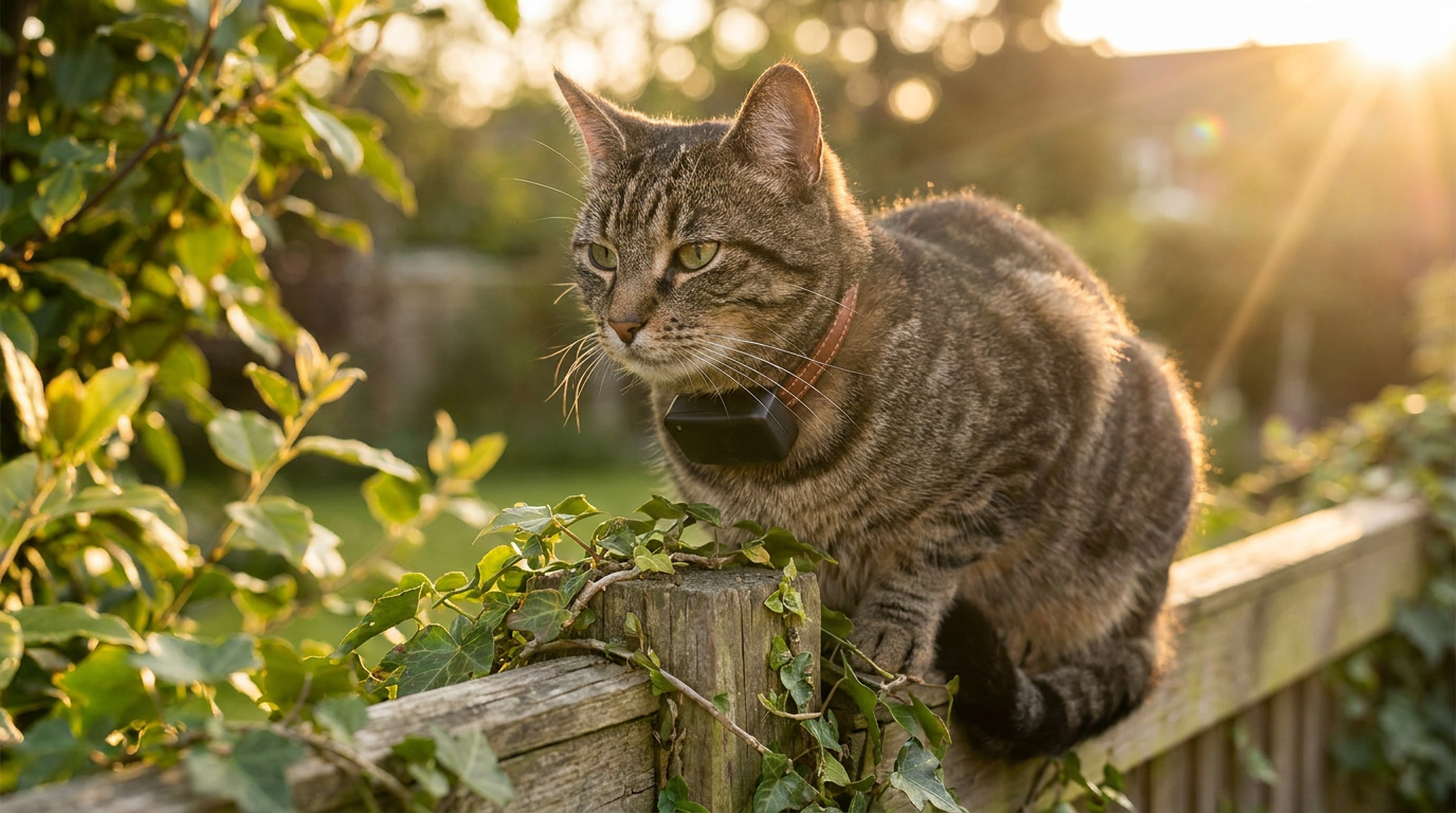 Getigerte Katze sitzt auf einer Gartenmauer in der Dämmerung, Vorstadt-Kulisse im Hintergrund
